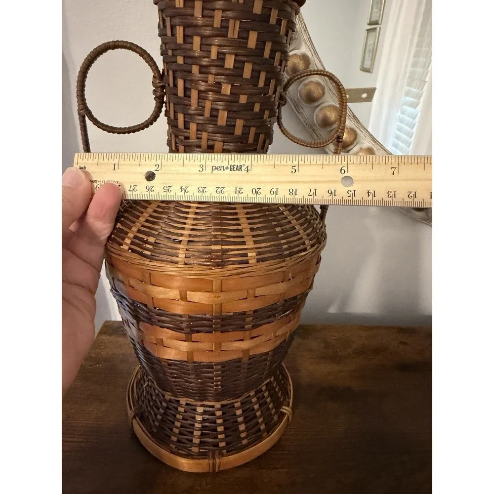 Vintage‎ Handwoven Wicker Rattan Amphora Basket Vase Urn Two Tone Loop Handles